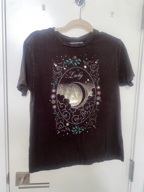 Lucky Brand Brown Tee with Gold Moon and Teal Floral Accents